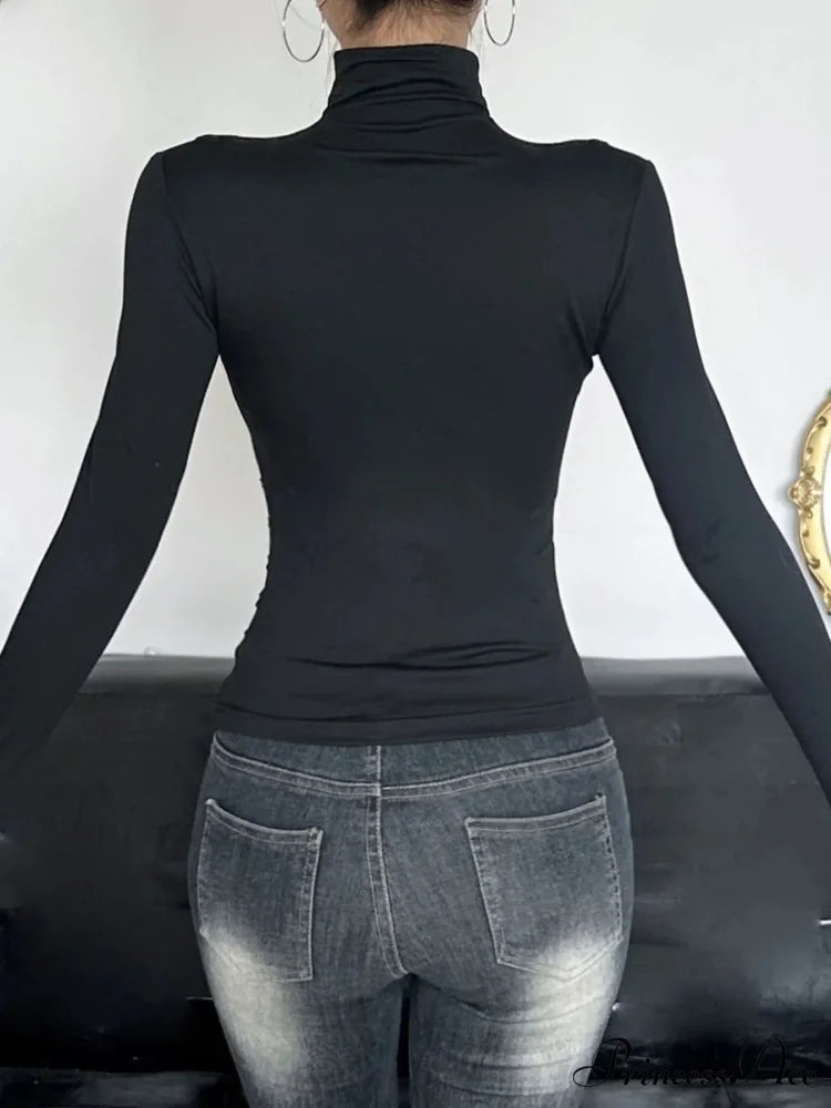 Slender Pierced Turtleneck Uniform Long Sleeve Knit Top knittop-250126