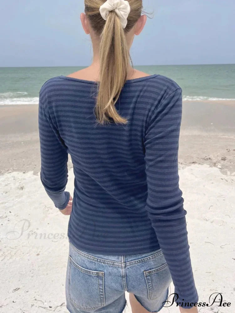 Slender Striped Fundamental O-Neck Extended Sleeve Knit Top knittop-250126