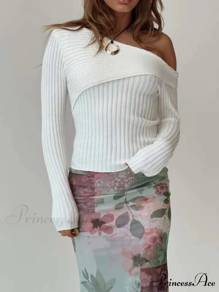 Slim Arm Fit Sloped Long Solid Shoulder Lapel Knitted Color Sweater White / S