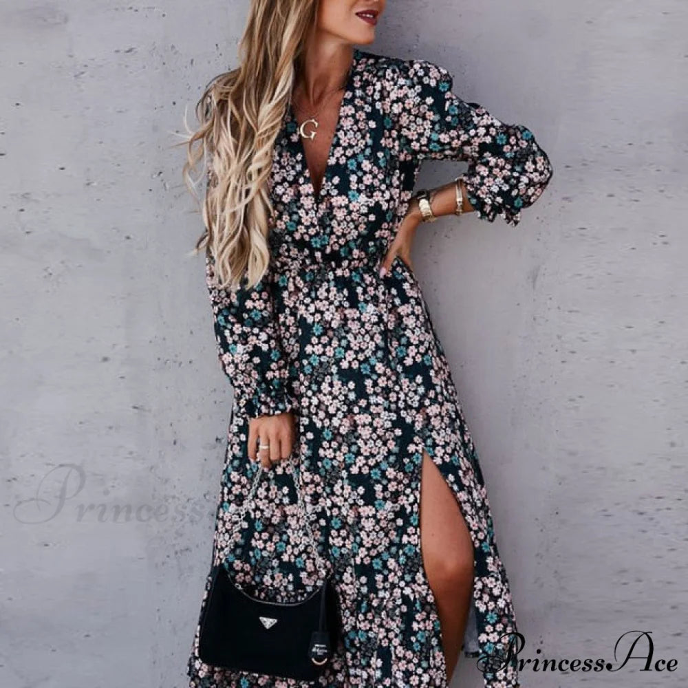 Slim Autumn Gown Party Elegant - Side - Neck Slit Flowered Women’s Design Arm Fit V Long Elastic Spring Waist Vestidos
