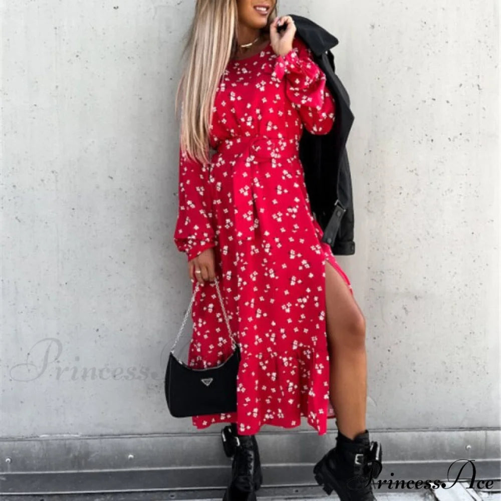 Slim Autumn Gown Party Elegant - Side - Neck Slit Flowered Women’s Design Arm Fit V Long Elastic Spring Waist Vestidos