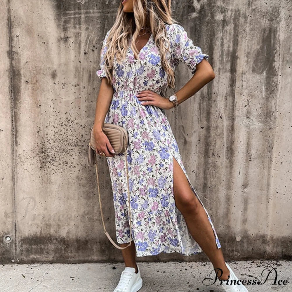Slim Autumn Gown Party Elegant - Side - Neck Slit Flowered Women’s Design Arm Fit V Long Elastic Spring Waist Vestidos