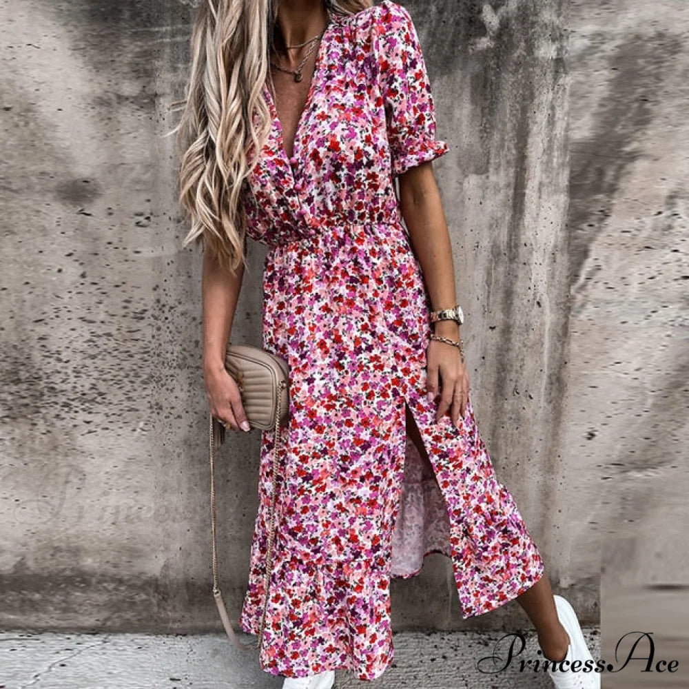 Slim Autumn Gown Party Elegant - Side - Neck Slit Flowered Women’s Design Arm Fit V Long Elastic Spring Waist Vestidos
