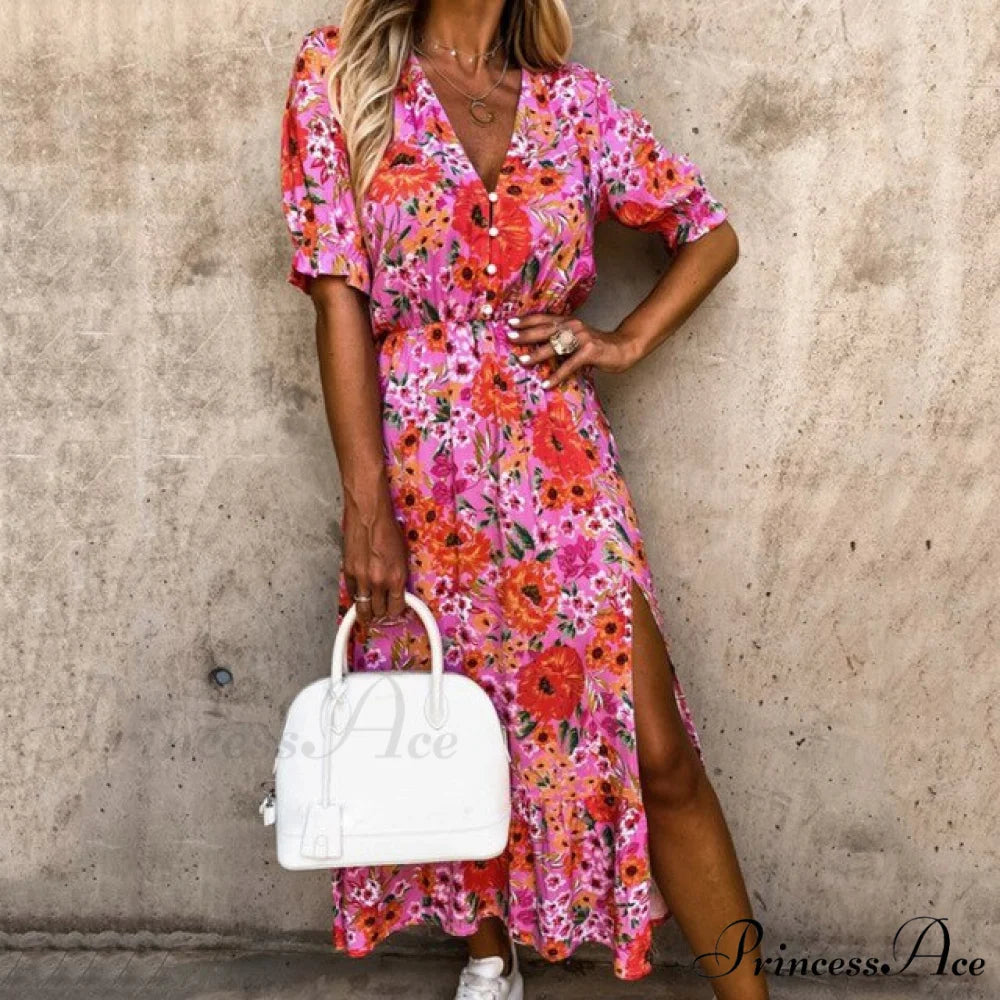 Slim Autumn Gown Party Elegant - Side - Neck Slit Flowered Women’s Design Arm Fit V Long Elastic Spring Waist Vestidos