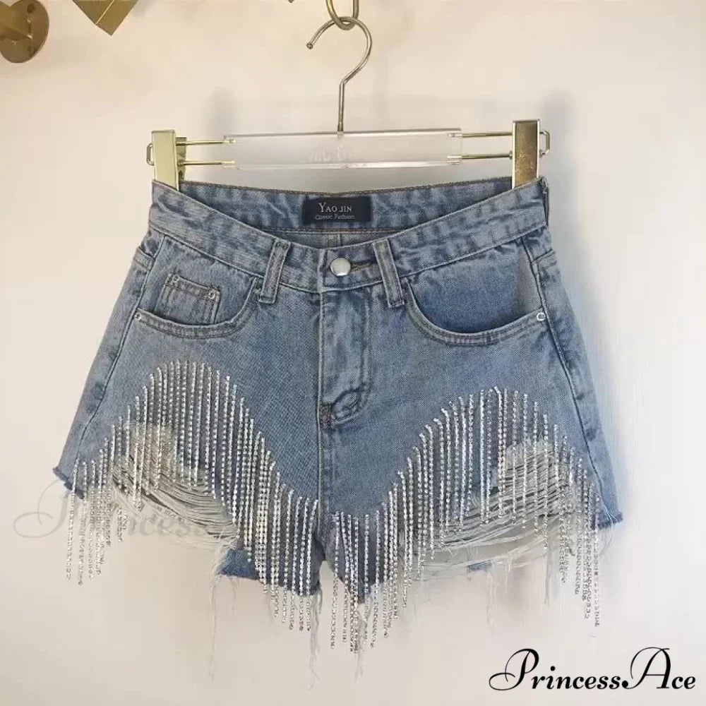 Slim Booty Fringed Denim Ripped Ladies Jeans Blue / S