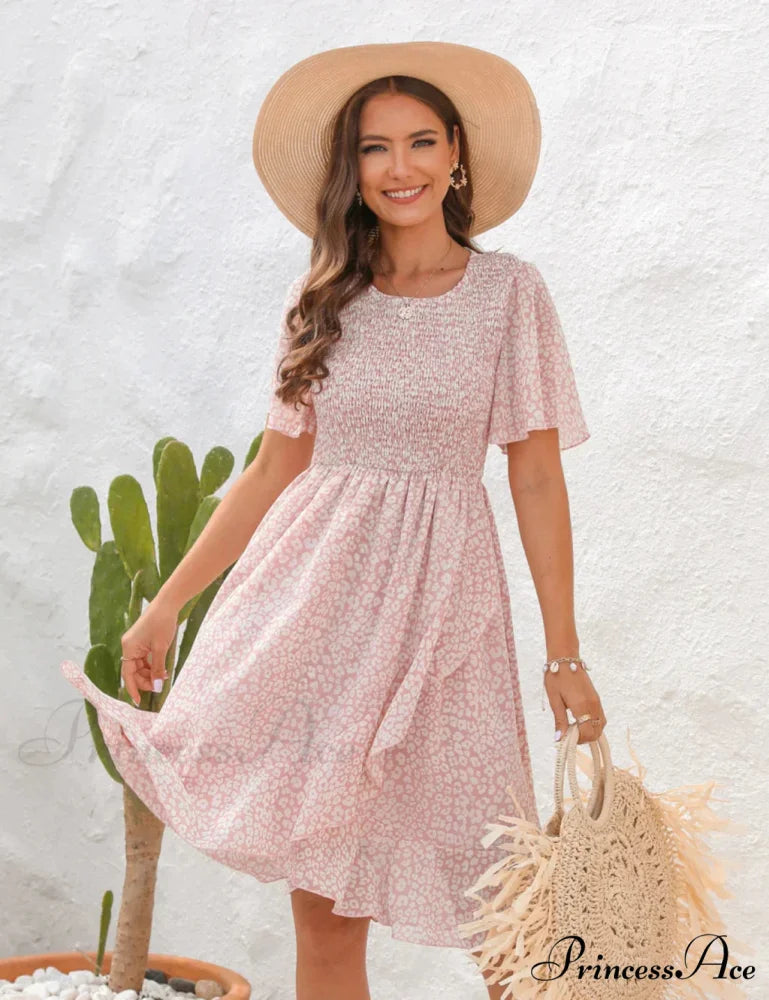 Slim Chiffon Print Dress with Pleats