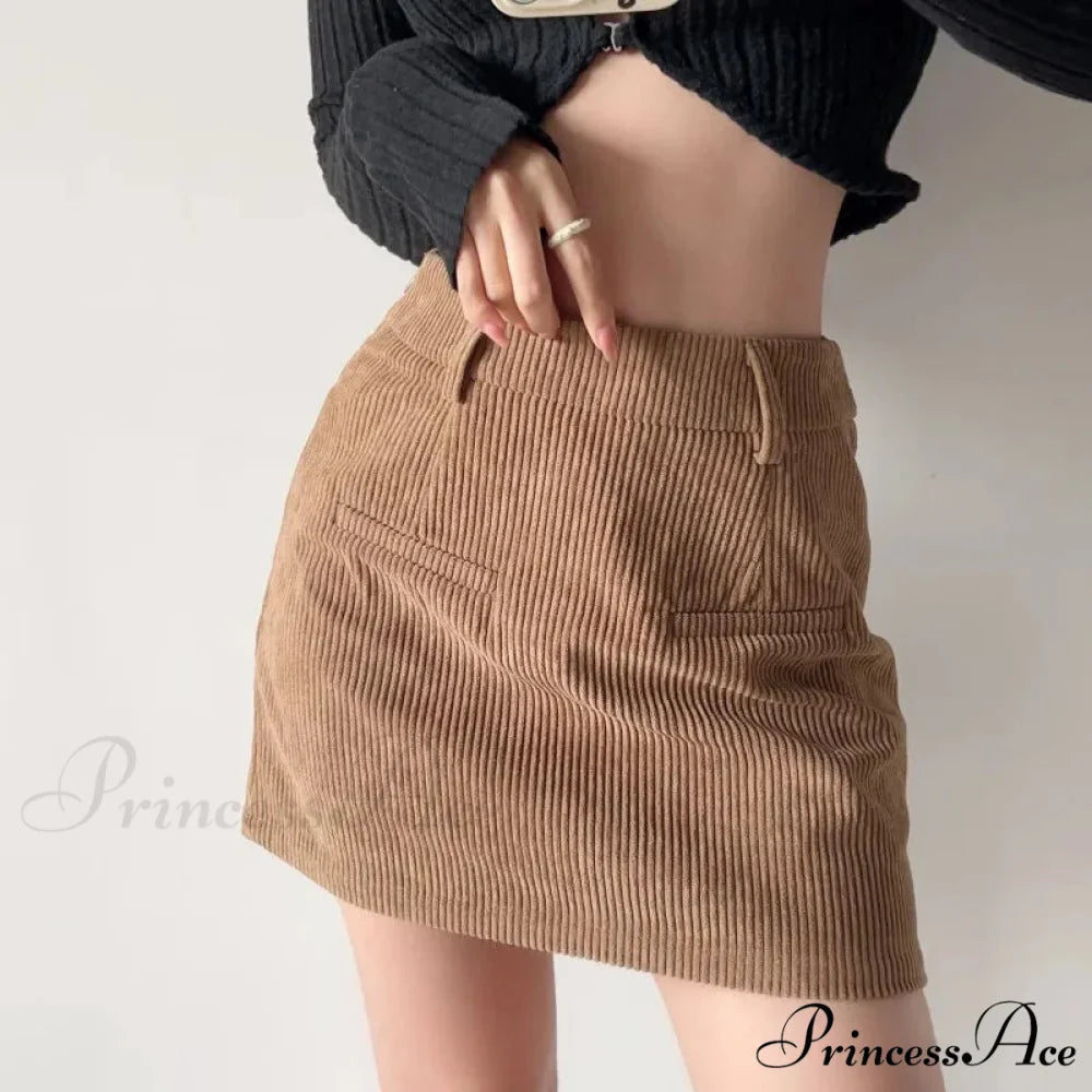 Slim Corduroy Professional Waist Skirt Brown / S skirts-250223