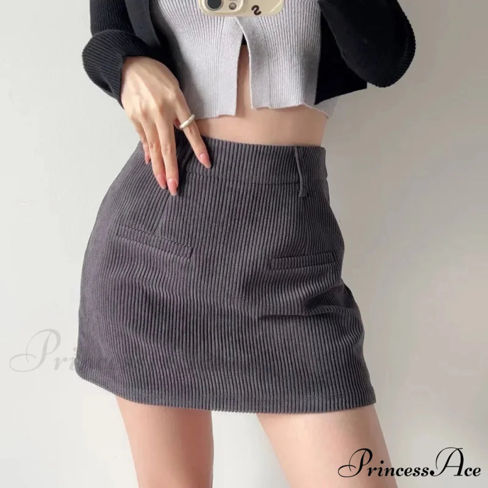 Slim Corduroy Professional Waist Skirt Gray / S skirts-250223