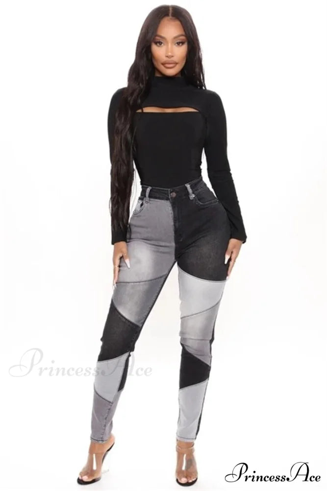 Slim Denim Pencil Pants High Stretch Trousers Black / S