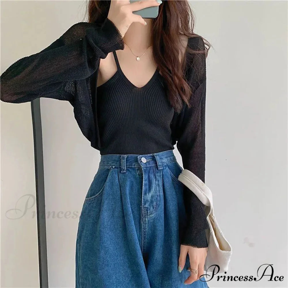 Slim Extended Sleeve Sunblock Cropped Solid Knit Cardigan Black / One Size 35-60kg cardiagn-250126