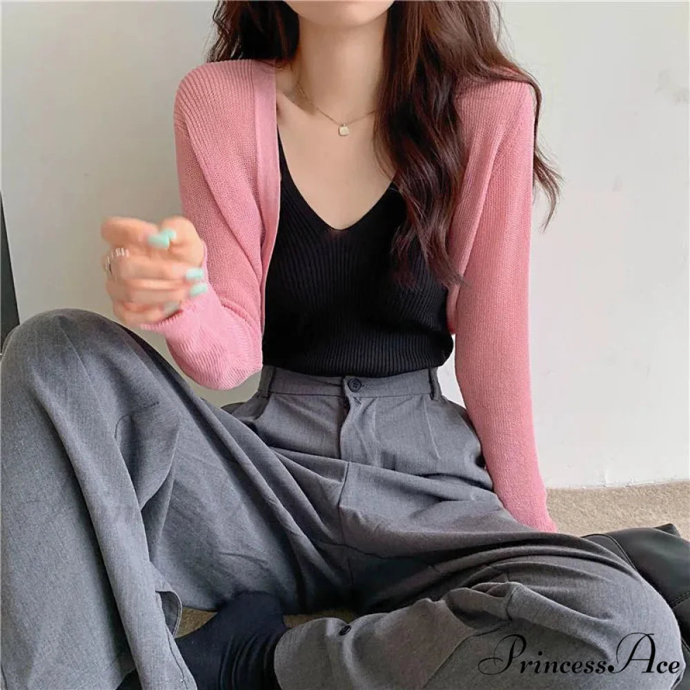 Slim Extended Sleeve Sunblock Cropped Solid Knit Cardigan cardiagn-250126