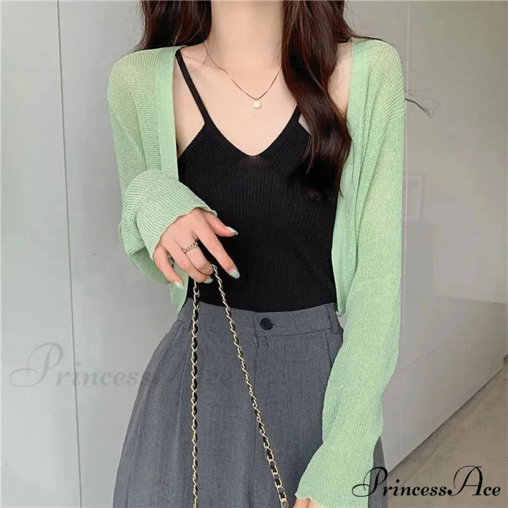 Slim Extended Sleeve Sunblock Cropped Solid Knit Cardigan Green / One Size 35-60kg cardiagn-250126