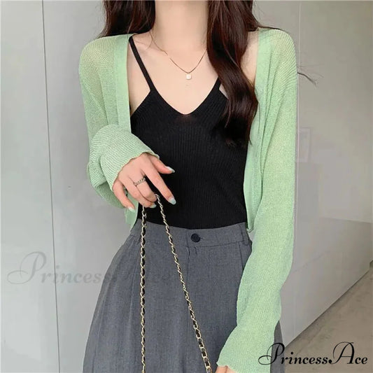 Slim Extended Sleeve Sunblock Cropped Solid Knit Cardigan Green / One Size 35-60kg cardiagn-250126