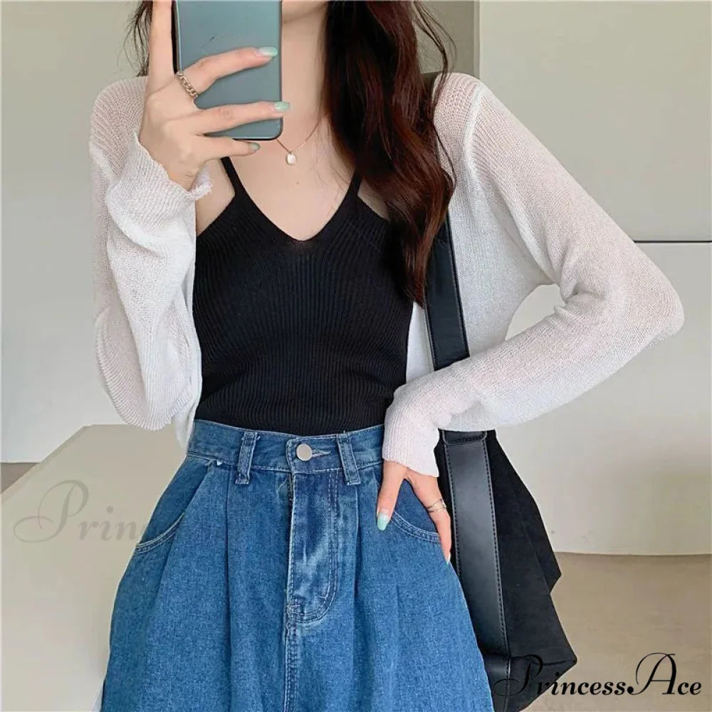 Slim Extended Sleeve Sunblock Cropped Solid Knit Cardigan WHITE / One Size 35-60kg cardiagn-250126