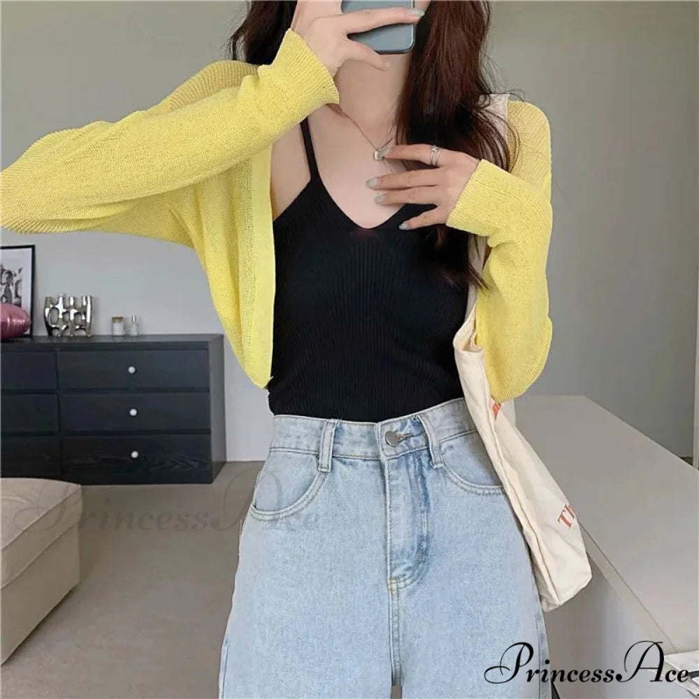 Slim Extended Sleeve Sunblock Cropped Solid Knit Cardigan Yellow / One Size 35-60kg cardiagn-250126
