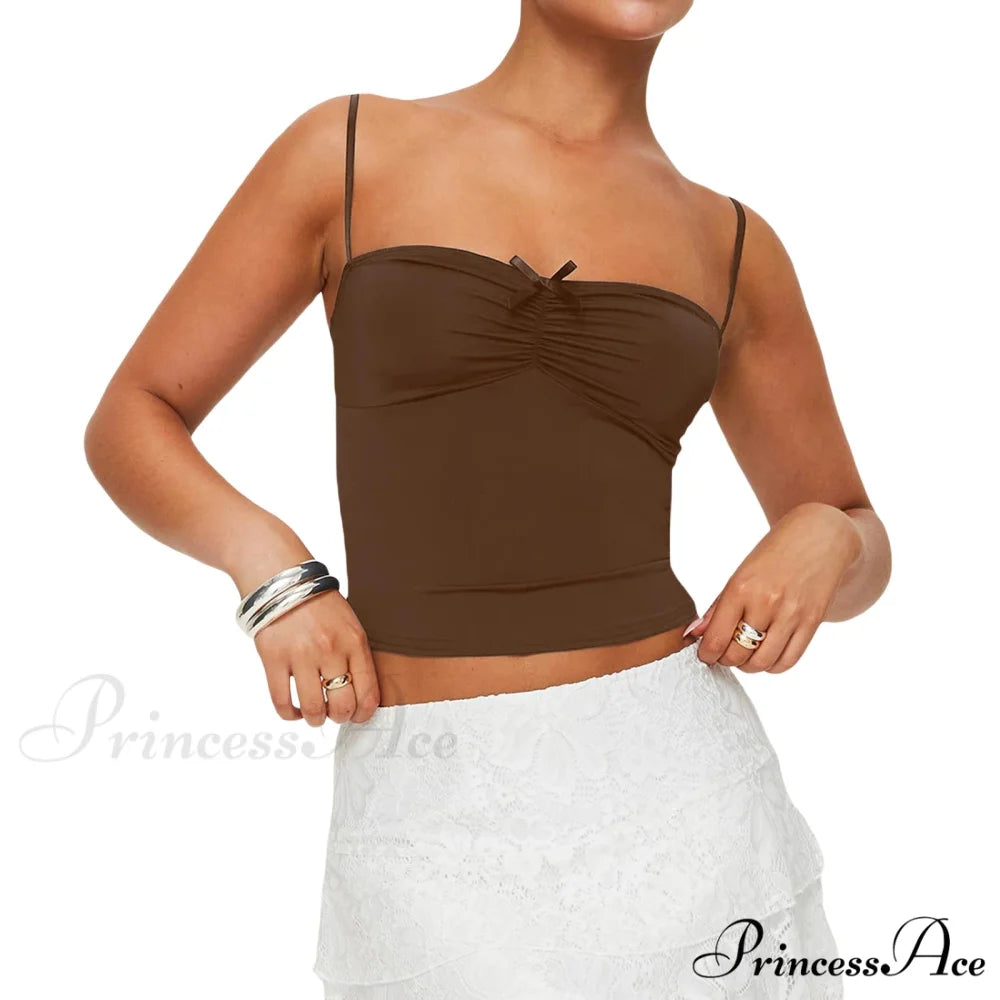 Slim Fit 3D Bow Ruched Sweetheart Neck Backless Spaghetti Strap Stylish Elegant Crop Top Coffee / S