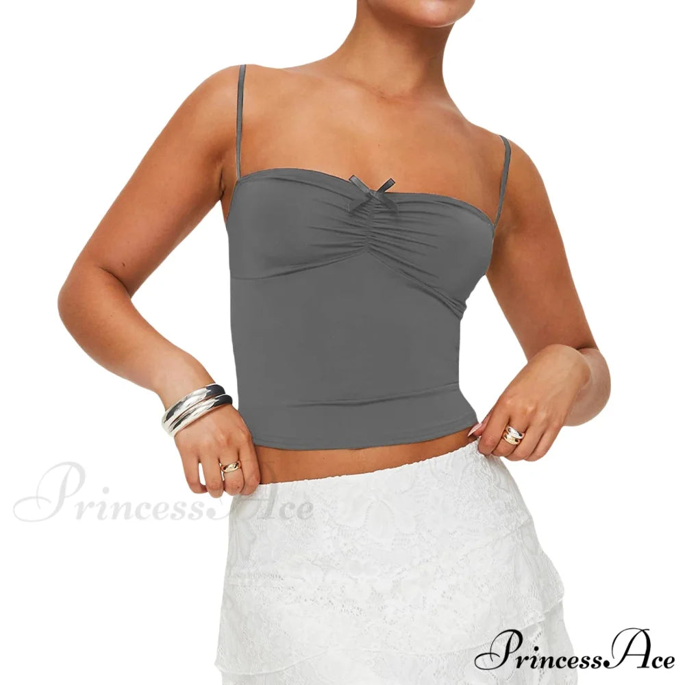 Slim Fit 3D Bow Ruched Sweetheart Neck Backless Spaghetti Strap Stylish Elegant Crop Top Dark Grey / S