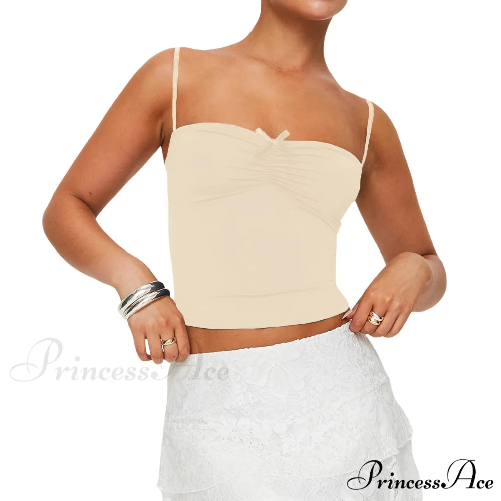 Slim Fit 3D Bow Ruched Sweetheart Neck Backless Spaghetti Strap Stylish Elegant Crop Top Khaki / S
