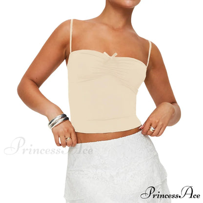 Slim Fit 3D Bow Ruched Sweetheart Neck Backless Spaghetti Strap Stylish Elegant Crop Top Khaki / S