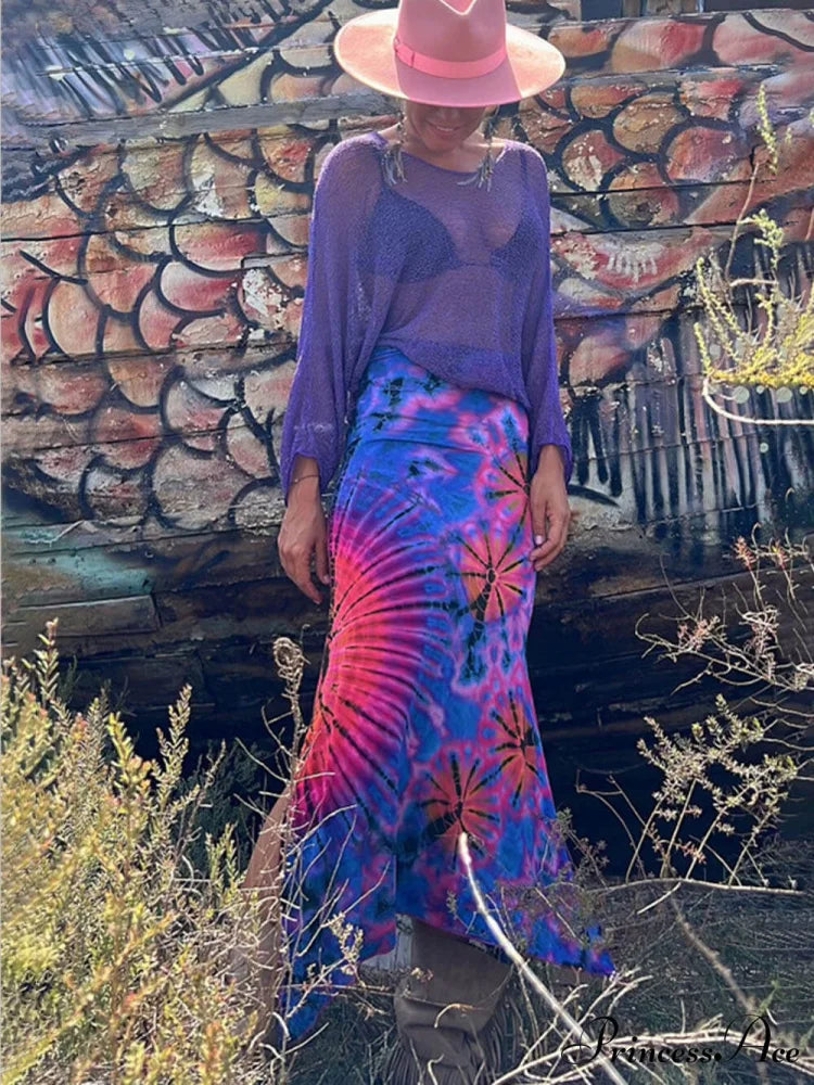 Slim Fit Hip-Hugging Charming Printed Slit Maxi Skirt Blue / S