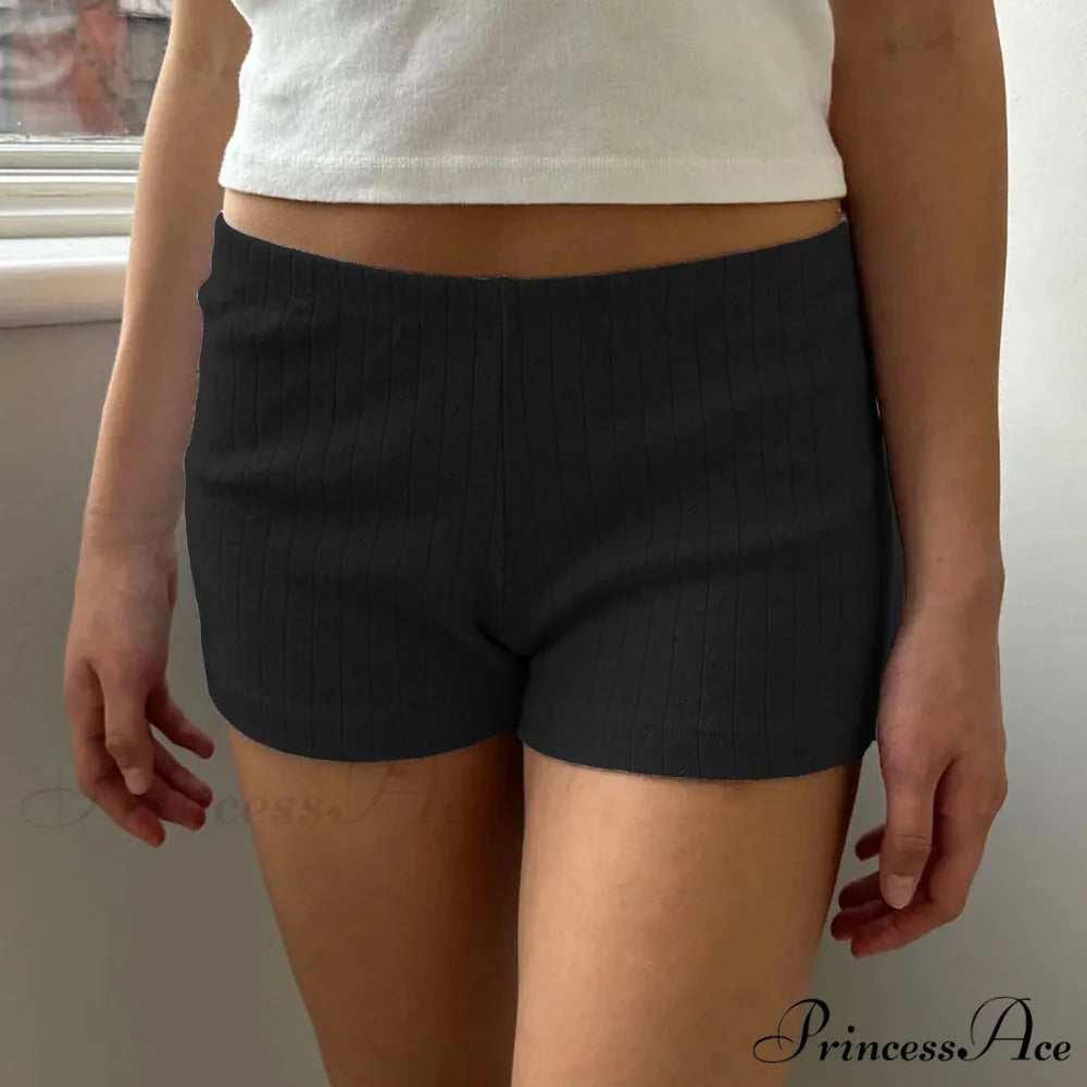 Slim Fit Retro Kawaii Solid Front Button Down Elastic Waist Pajamas Short Black / S