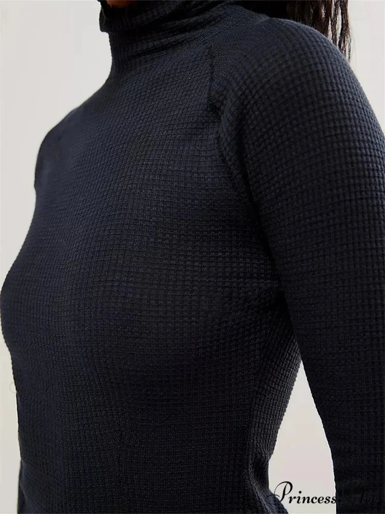 Slim Fit Solid Color Long Sleeve High Neck Casual T-Shirts