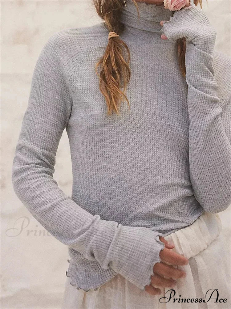 Slim Fit Solid Color Long Sleeve High Neck Casual T-Shirts GREY / S