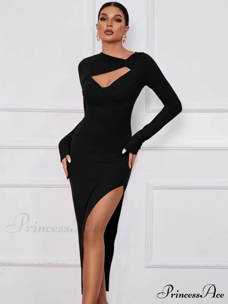Slim Fit Split Long Sleeve Dress L / black