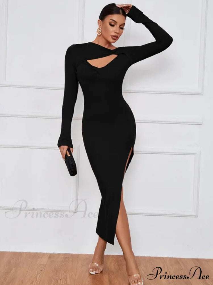 Slim Fit Split Long Sleeve Dress L / red