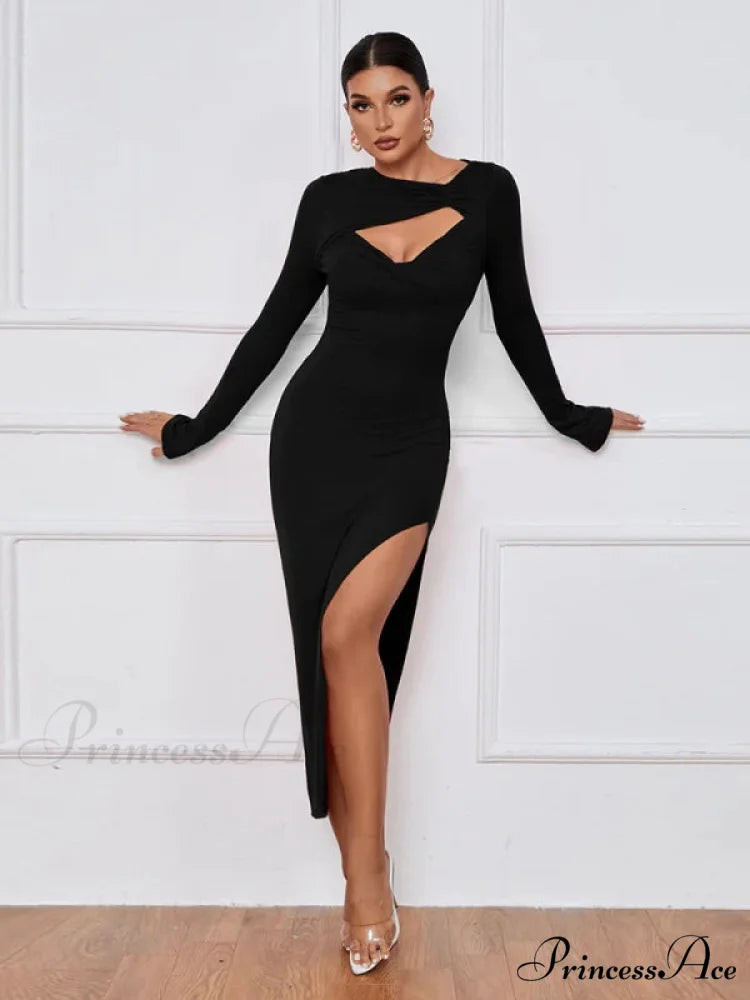 Slim Fit Split Long Sleeve Dress M / black