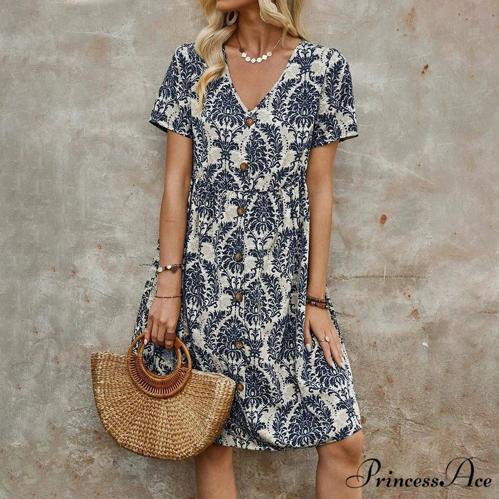 Slim Flower Casual Slim Summer Sundress blue / S oldfloraldress-250126