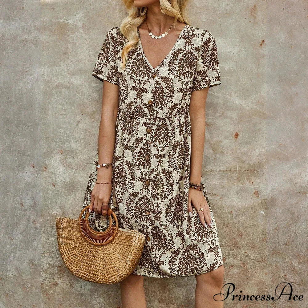 Slim Flower Casual Slim Summer Sundress brown / S oldfloraldress-250126