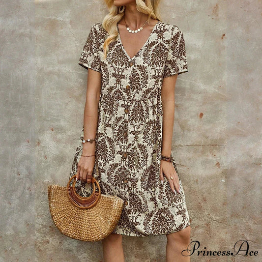 Slim Flower Casual Slim Summer Sundress brown / S oldfloraldress-250126