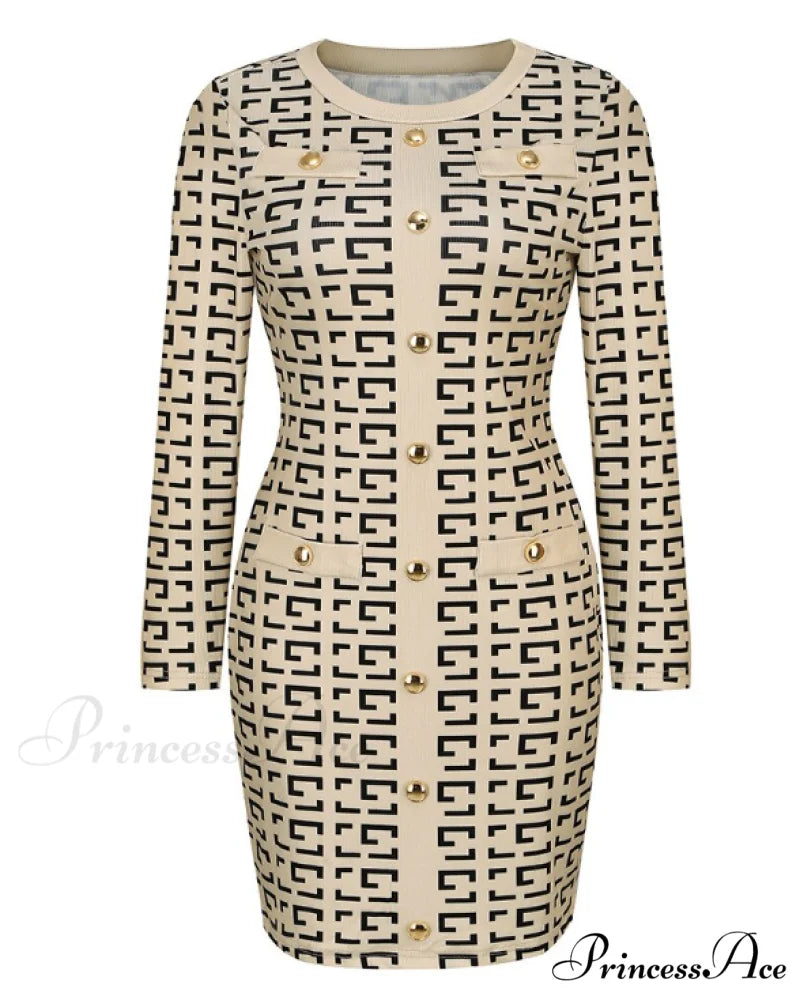 Slim Geometric Print Full Sleeve Knee-Length A-Line Party Dress L / KHAKI