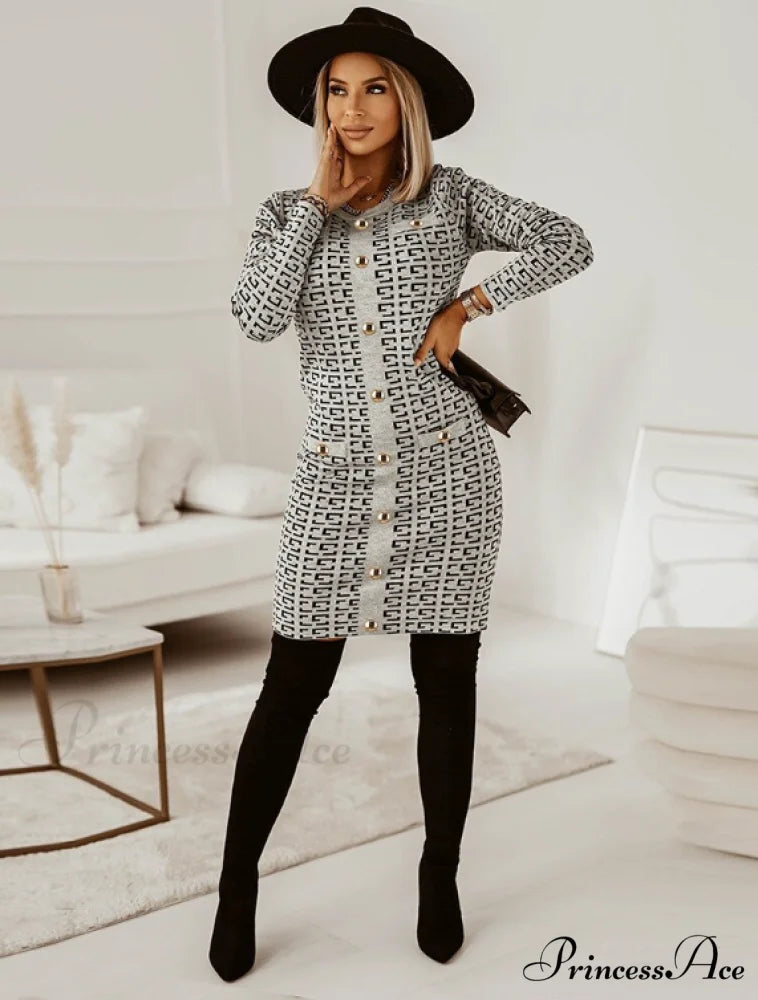 Slim Geometric Print Full Sleeve Knee-Length A-Line Party Dress S / GRAY