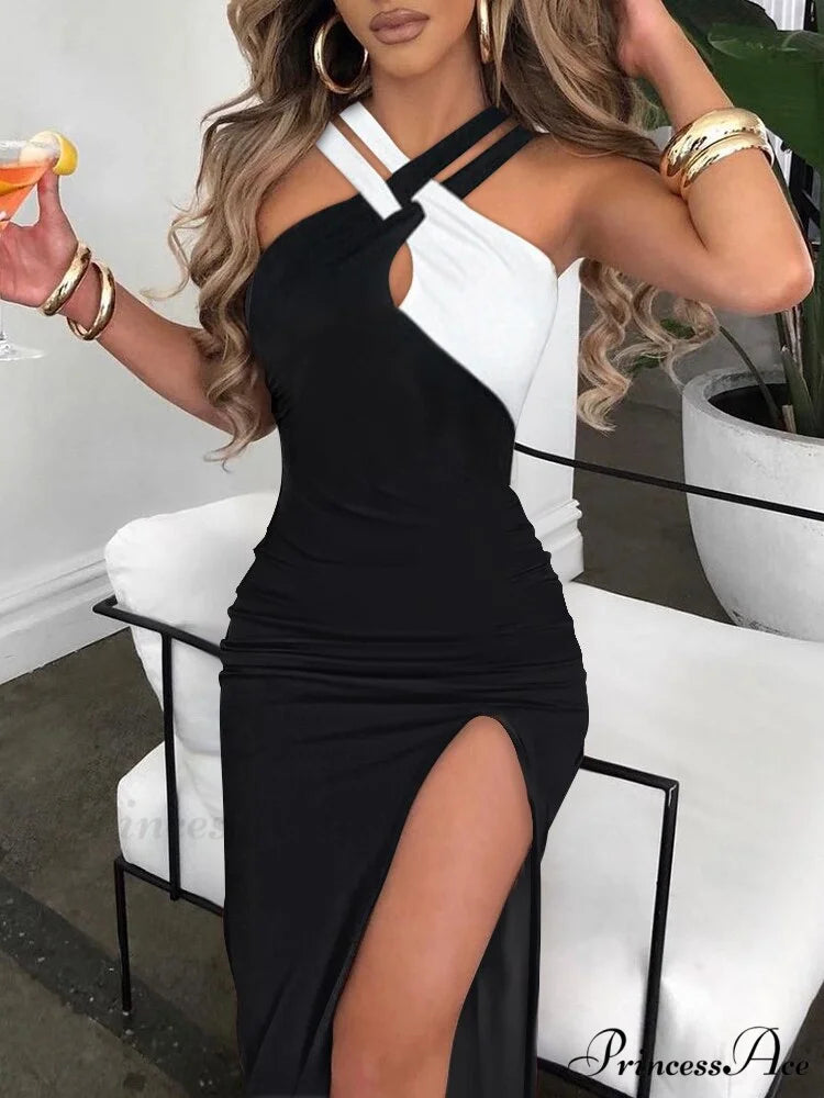 Slim Hot Rhinestone Sleeveless Ladies High Slit Bodycon Sexy Dress