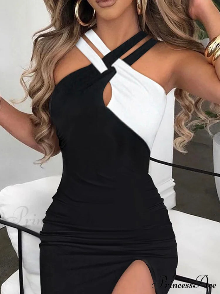 Slim Hot Rhinestone Sleeveless Ladies High Slit Bodycon Sexy Dress