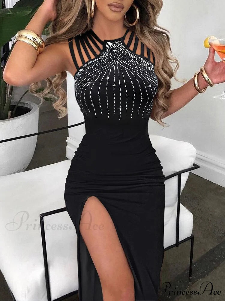 Slim Hot Rhinestone Sleeveless Ladies High Slit Bodycon Sexy Dress