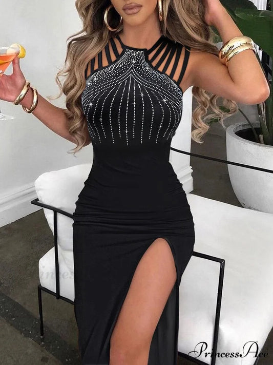 Slim Hot Rhinestone Sleeveless Ladies High Slit Bodycon Sexy Dress Black / S / 164