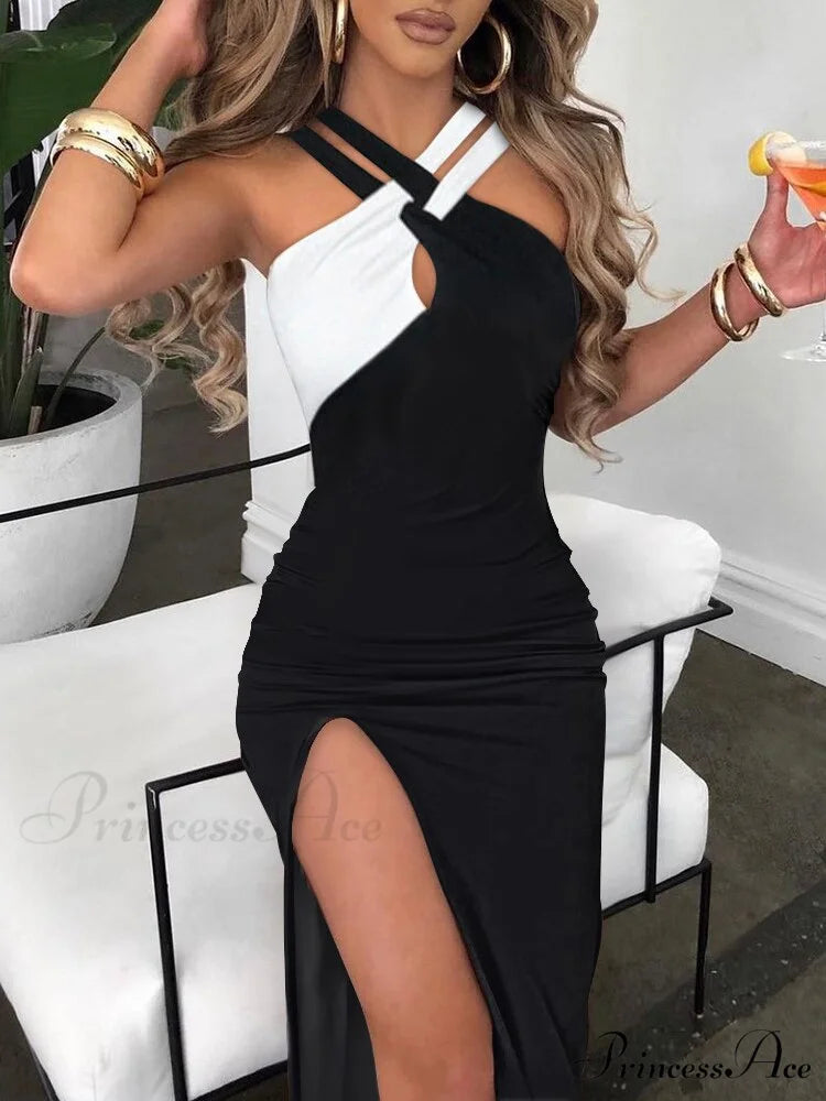 Slim Hot Rhinestone Sleeveless Ladies High Slit Bodycon Sexy Dress Black White / S / 164