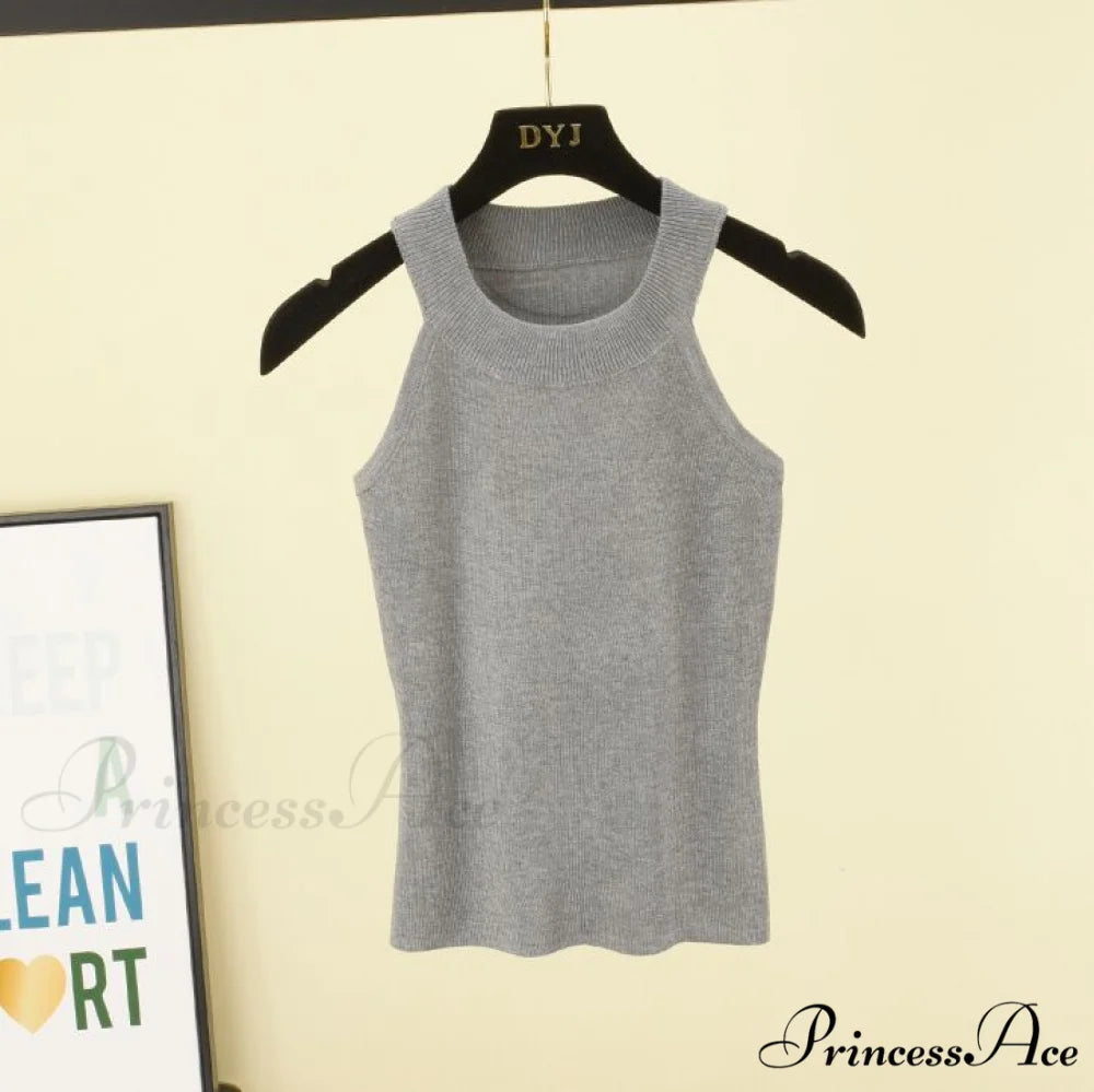 Slim Knitting Halter Camisole Tops grey / 40-60kg