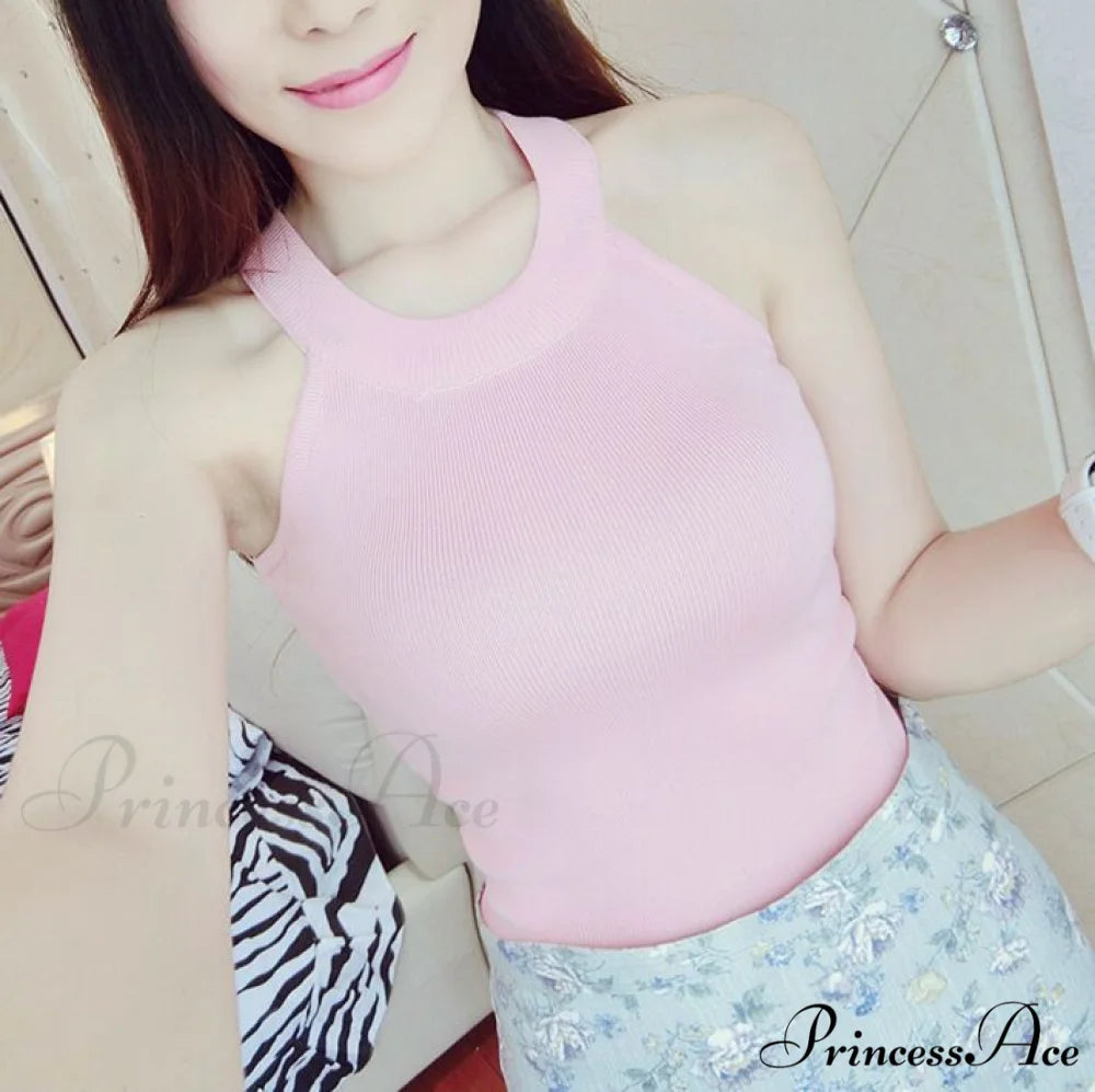 Slim Knitting Halter Camisole Tops pink / 40-60kg