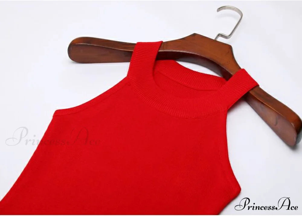 Slim Knitting Halter Camisole Tops red / 40-60kg