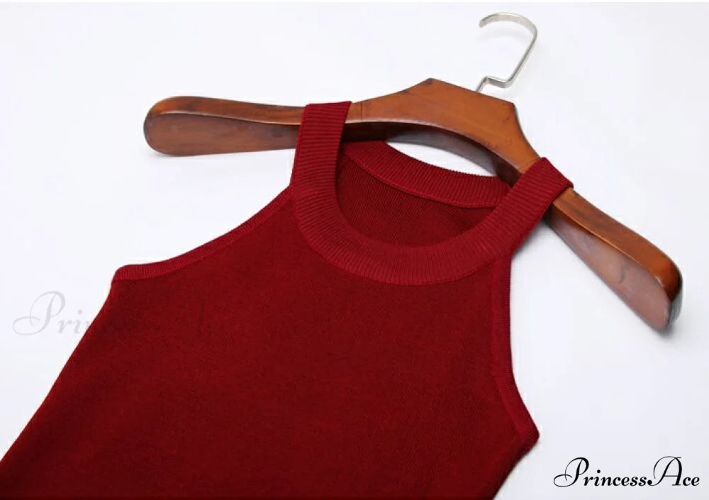Slim Knitting Halter Camisole Tops red wine / 40-60kg