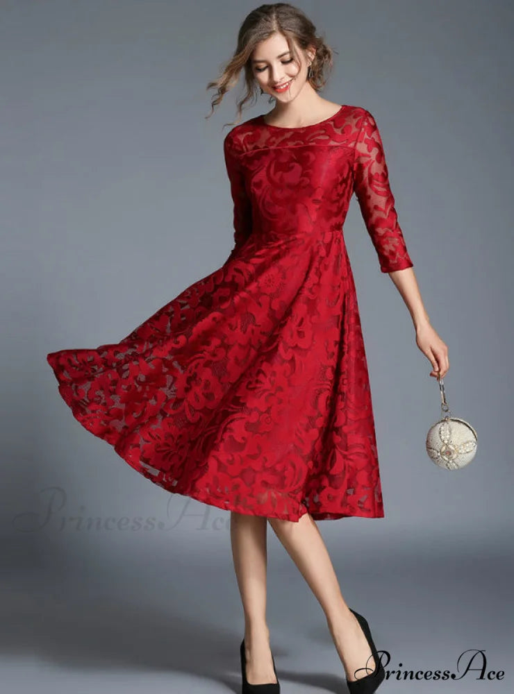 Slim Ladies Party Dress Casual Lace Dresses M / Black
