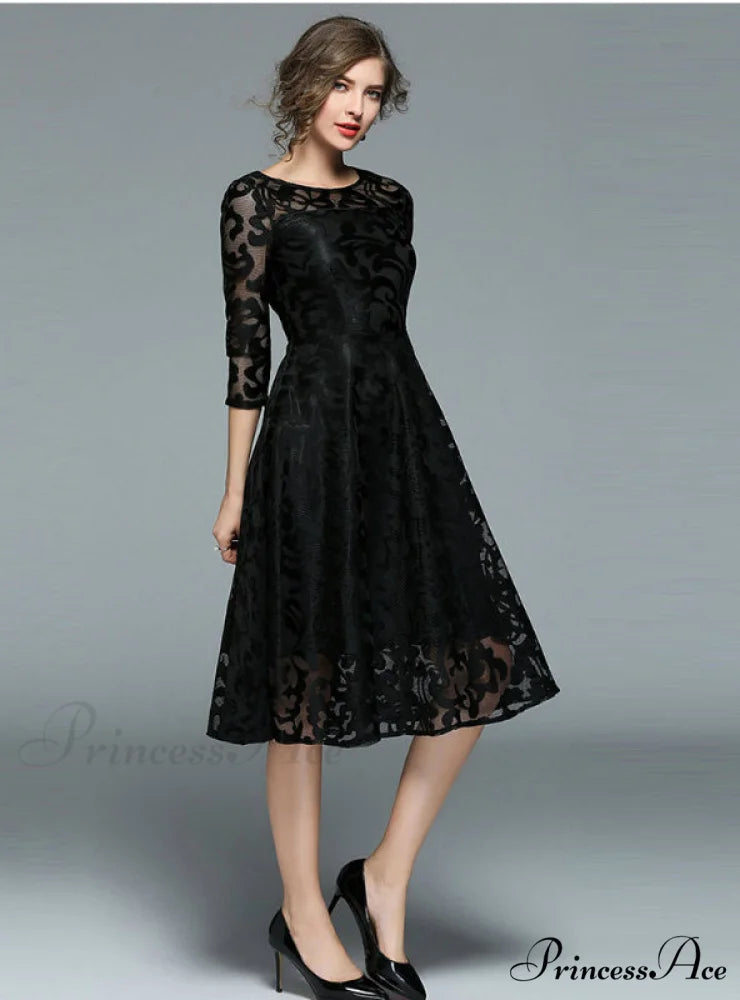 Slim Ladies Party Dress Casual Lace Dresses M / Blue