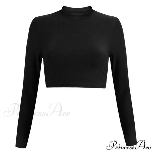 Slim Long Sleeve Cropped Navel Black T-Shirt Black long sleeve / S