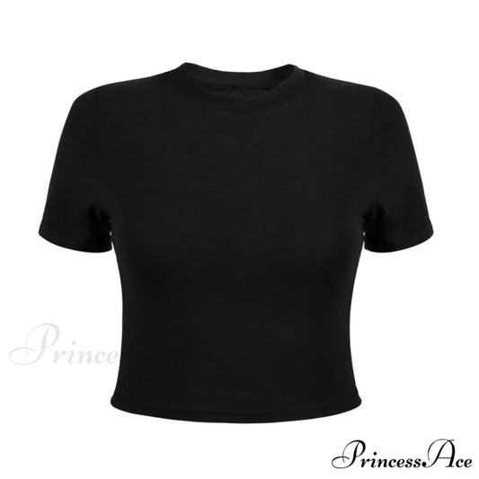 Slim Long Sleeve Cropped Navel Black T-Shirt Black short sleeve / S