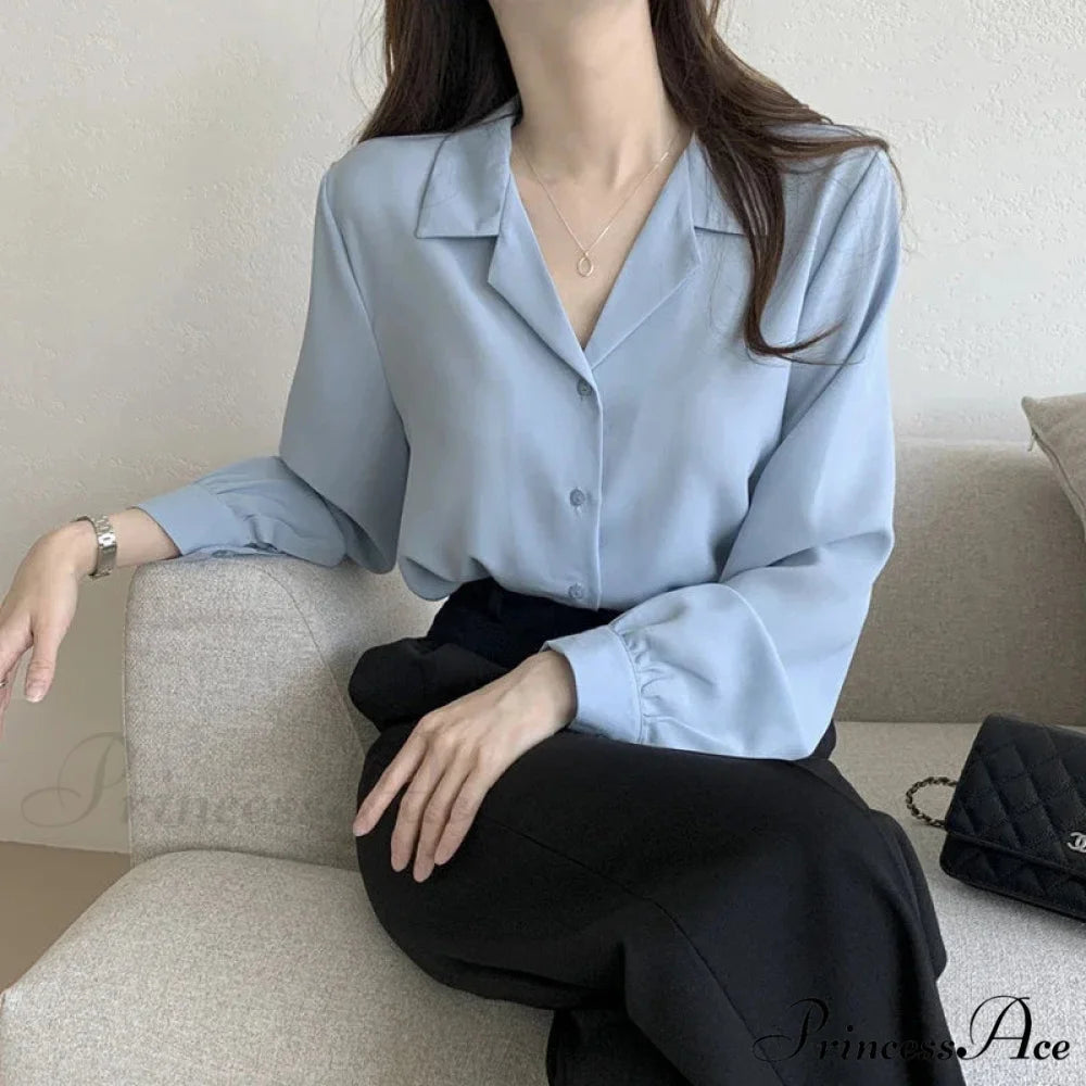 Slim Monochromatic Extended Sleeve Fold Over Collar Top blouse-250126