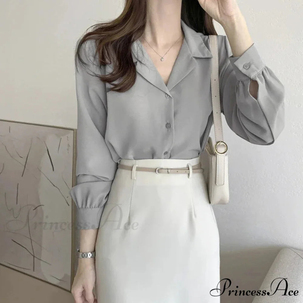 Slim Monochromatic Extended Sleeve Fold Over Collar Top blouse-250126